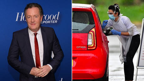 (L) TV presenter Piers Morgan © AFP/CHRIS DELMAS (R) A medical worker tests a key worker for Covid-19 © AFP/Ben STANSALL