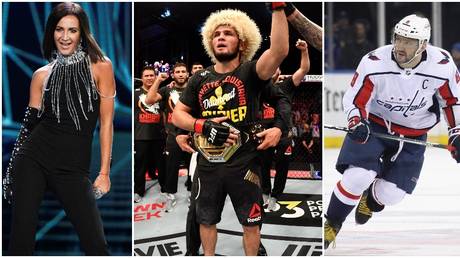 Russian pop star Olga Buzova, UFC fighter Khabib Nurmagomedov, and NHL ace Alexander Ovechkin. © Sputnik / Getty Images / Zuffa LLC / Getty Images via AFP