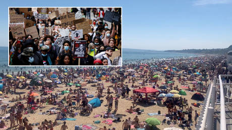 Main image: People at the beach in Bournemouth on Thursday; inset: A Black Lives Matter protest in London. © Instagram/@Arubabournemouth/via REUTERS; REUTERS/Henry Nicholls