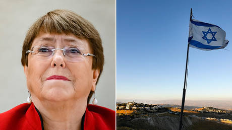 (L) UN High Commissioner for Human Rights Michelle Bachelet © AFP / FABRICE COFFRINI, (R) Israel flag in the occupied West Bank © AFP / KFAR ADUMIM