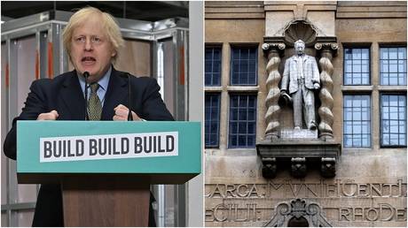 (L) British PM Boris Johnson © Reuters/Paul Ellis/Pool (R) A statue of Cecil Rhodes outside Oriel College, Oxford University © Reuters/Eddie Keogh