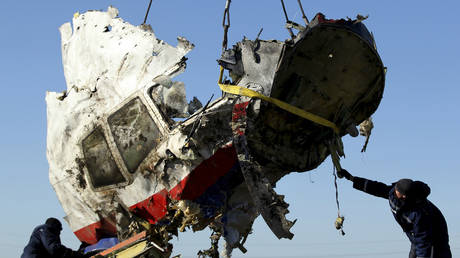 Workers transport a piece of the Malaysia Airlines flight MH17 wreckage at the site of the plane crash. ©REUTERS / Antonio Bronic