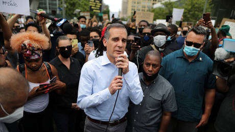 Eric Garcetti speaks during a protest against the death in Minneapolis police custody of George Floyd, in Los Angeles, California