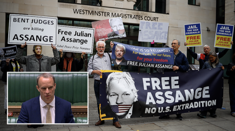 (B-L) UK Foreign Minister Dominic Raab © AFP/PRU/Handout (M) Julian Assange supporters outside Westminster Magistrates court, London © AFP/Tolga Akmen
