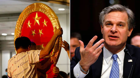 A Chinese national emblem being installed in Hong Kong, July 8, 2020 / FBI Director Christopher Wray (File Photo) ©  REUTERS/Tyrone Siu;  REUTERS/Yuri Gripas