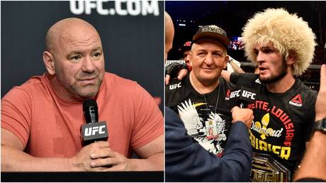 UFC boss Dana White and lightweight champion Khabib Nurmagomedov with his late father Abdulmanap. © Getty Images / Zuffa LLC