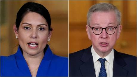 (L) Home Secretary Priti Patel; (R) Cabinet Office minister Michael Gove © AFP/10 Downing Street/Pippa FOWLES