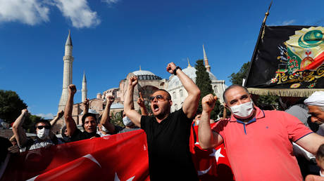People gathered in front of the Hagia Sophia, July 10, 2020.