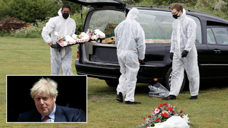 (M) Funeral service workers are seen near a hearse during the funeral of Munuse Nabi, who died from Covid-19 © REUTERS/Peter Nicholls (BL) Boris Johnson © REUTERS/John Sibley