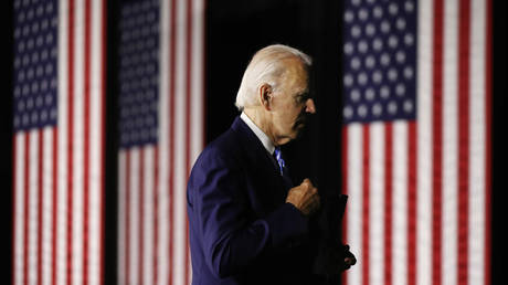 Democratic presidential candidate former Vice President Joe Biden leaves after speaking at the Chase Center July 14, 2020 in Wilmington, Delaware