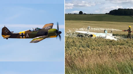 Barry Conway crash landed his his half-scale Luftwaffe Focke-Wulf in a field. © Left: Flickr/ Clemens Vasters (file); Right: Dorset & Wiltshire Fire and Rescue Service