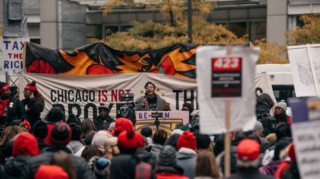 FILE PHOTO: Ariel Atkins of Chicago Black Lives Matter speaks at a downtown rally in support of the ongoing teachers strike on October 23, 2019 in Chicago, Illinois