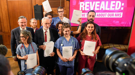 Former Labour Party leader Jeremy Corbyn and NHS staff hold documents after a press briefing during a 2019 GE campaign event © REUTERS/Toby Melville