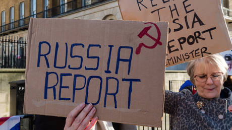 Anti-Brexit supporters protest outside Downing Street in Westminster urging Prime Minister Boris Johnson to release the report from the intelligence and security committee examining Russian infiltration in British politics on 18 January, 2020 in London, England