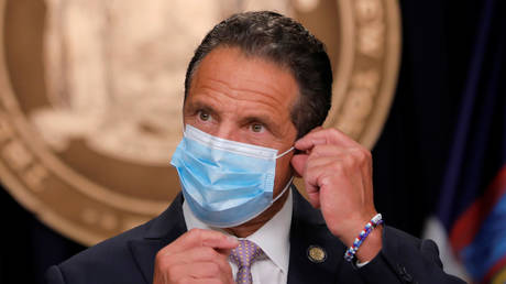 Andrew Cuomo wears a protective face mask a coronavirus briefing in Manhattan in New York City, New York