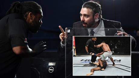 Dan Hardy and referee Herb Dean, and fighters Francisco Trinaldo and Jai Herbert. © Getty Images / Zuffa LLC