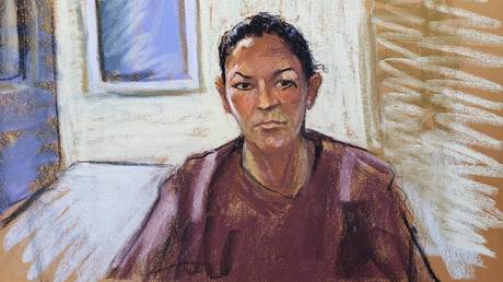 FILE PHOTO: In a courtroom sketch, Ghislaine Maxwell appears via video link during her arraignment hearing where she was denied bail for her role aiding Jeffrey Epstein to recruit and eventually abuse of minor girls, in Manhattan Federal Court, in New York City.