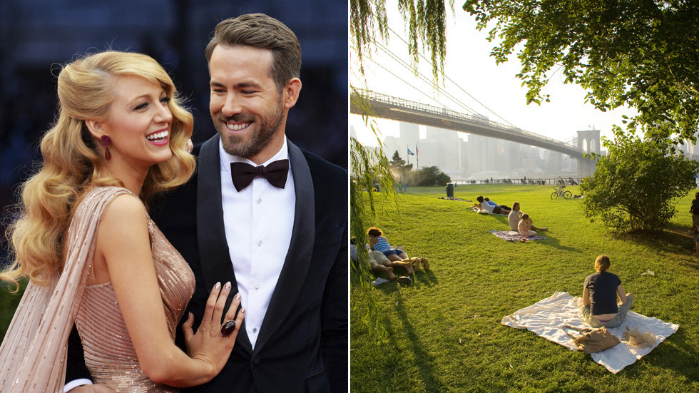 (L) Blake Lively and Ryan Reynolds; (P) USA, New York, people relaxing in park with skyline from Brooklyn