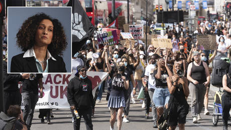 Katherine Birbalsingh (inset); Protesters take part in a demonstration for the All Black Lives Matter movement in London, United Kingdom on August 02, 2020.
