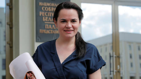 Svetlana Tikhanovskaya leaves the central election commission in Minsk, Belarus July 14, 2020.