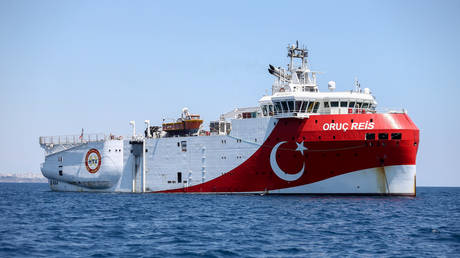 Oruc Reis seismic research vessel is seen as it is ready for a new seismic research activity in the Eastern Mediterranean in Antalya, Turkey on July 22, 2020. © Getty Images / Anadolu Agency / Orhan Cicek