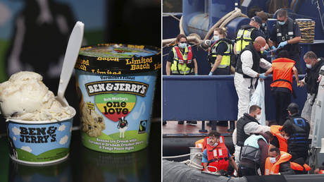 (L) Ben & Jerry's 'Bob Marley's One Love' ice cream; (P) Migrants disembark after arriving at Dover harbour, in Dover, Britain August 12, 2020.