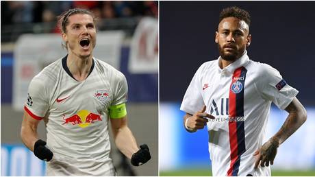 Leipzig midfielder Marcel Sabitzer and PSG star Neymar will meet in the Champions League semifinal. © AFP / Reuters