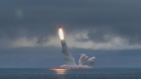 FILE PHOTO: A test launch of a Russian RSM-56 Bulava sumarine-launched ballistic missile.
