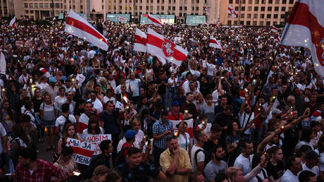 Demonstrators participate in an anti-Lukashenko rally on August 18, 2020 in Minsk, Belarus