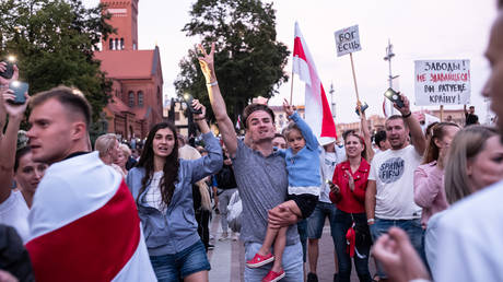 Demonstrators participate in an anti-Lukashenko rally on August 18, 2020 in Minsk, Belarus.