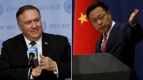(L) Mike Pompeo © REUTERS/Mike Segar; (P) Zhao Lijian © REUTERS/Carlos Garcia Rawlins