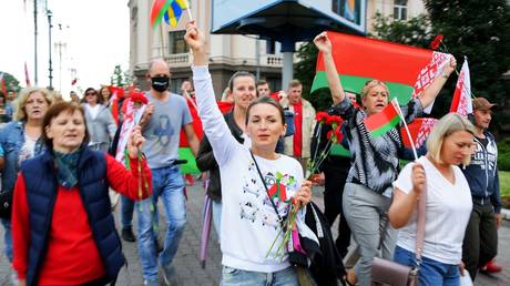 Participants of the rally of supporters of Alexander Lukashenko on Independence Avenue in Minsk.