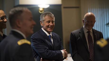 Chuck Hagel shown in smoother times for the US national security apparatchik