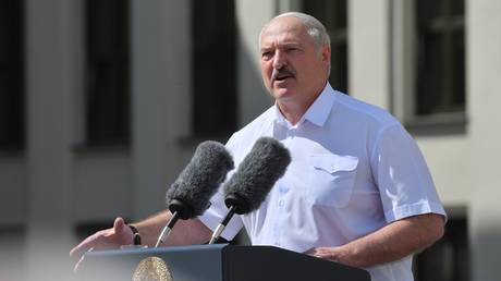 Belarusian President Alexander Lukashenko speaks at a rally organized in support of him on Independence square in Minsk.