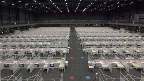 An exhibition hall that has been converted into a facility to treat coronavirus patients is pictured in Hong Kong, China August 1, 2020.