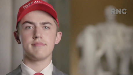 Former Covington Catholic High School Student Nicholas Sandmann speaks by video feed at the 2020 Republican National Convention, broadcast from Washington, DC, August 25, 2020.