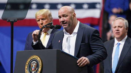 Dana White speaks at a rally with Donald Trump in Colorado in February. © Reuters
