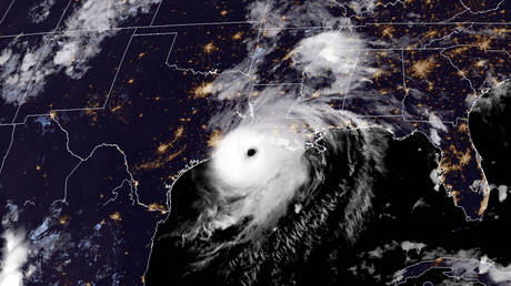 This RAMMB/NOAA satellite image shows Hurricane Laura near the coast of Louisiana on August 26, 2020