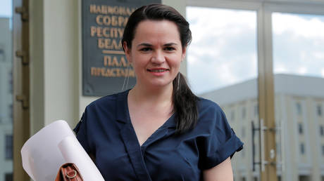 FILE PHOTO: Svetlana Tikhanovskaya leaves the central election commission in Minsk, Belarus July 14, 2020