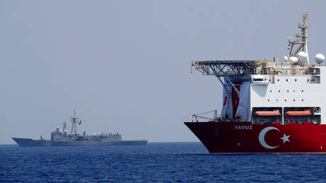 FILE PHOTO. Turkish drilling vessel Yavuz is seen escorted by a Turkish Navy frigate in the eastern Mediterranean off Cyprus.