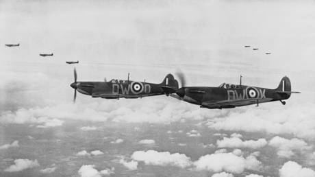 Supermarine Spitfire Mark IAs of No 610 Squadron, Royal Air Force based at Biggin Hill, Kent, flying in three 'vic' formations, during the Battle Of Britain, World War II, 24 July 1940.