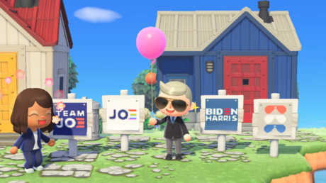 Joe Biden and Kamala Harris promotional campaign signs in 'Animal Crossing: New Horizons'