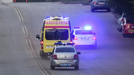 Ambulance car transporting Navalny in Omsk, Russia