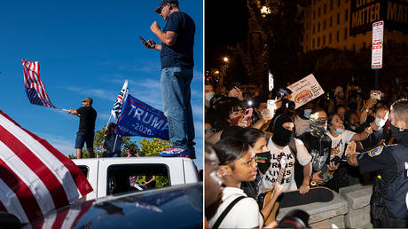 (L) Trump supporters wave flags during a rally in support of the president on August 29, 2020 in Clackamas, Oregon. © Getty Images/Nathan Howard; (R) Washington DC Police try to keep Demonstrators back as they gather at Black Lives Matter plaza on August 27, 2020 © Getty Images/Tasos Katopodis