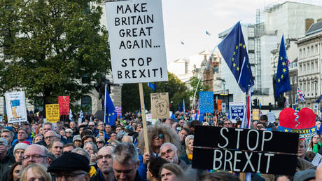 Anti-Brexit protesters take part in 'Together for the Final Say' rally in Parliament Square as hundreds of thousands of people marched through central London to demand a public vote on the outcome of Brexit on 19 October, 2019 in London, England.