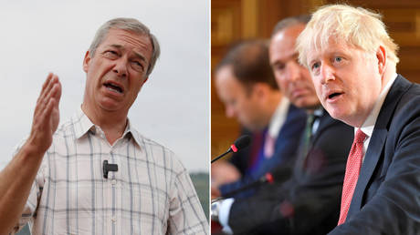 Nigel Farage (L) has issued a stern warning to Boris Johnson (R). © REUTERS/Matthew Childs, © REUTERS/Toby Melville/Pool