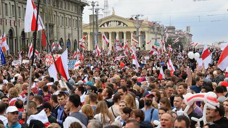 Anti-government protesters are seen in Minsk, Belarus on September 6, 2020.