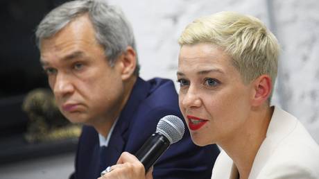 Member of the coordinating Council of the Belarusian opposition, ex-Director of the Kupala theater, ex-diplomat Pavel Latushko and coordinator of Viktor Babariko's staff Maria Kolesnikova at a press conference of the coordinating Council of the opposition in Minsk.