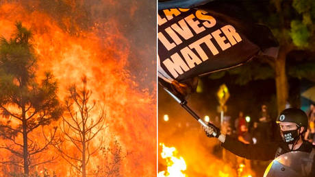Wildfires have burned 900,000 acres across Oregon (L), while fiery and violent protests have dragged on for more than 100 days in Portland. ©  US Forest Service NW / Twitter;  Getty Images