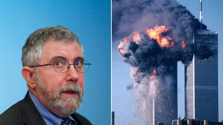 Paul Krugman, seen alongside an image of the burning World Trade Center on September 11, 2001 © Reuters / Brendan McDermid and Sean Adair